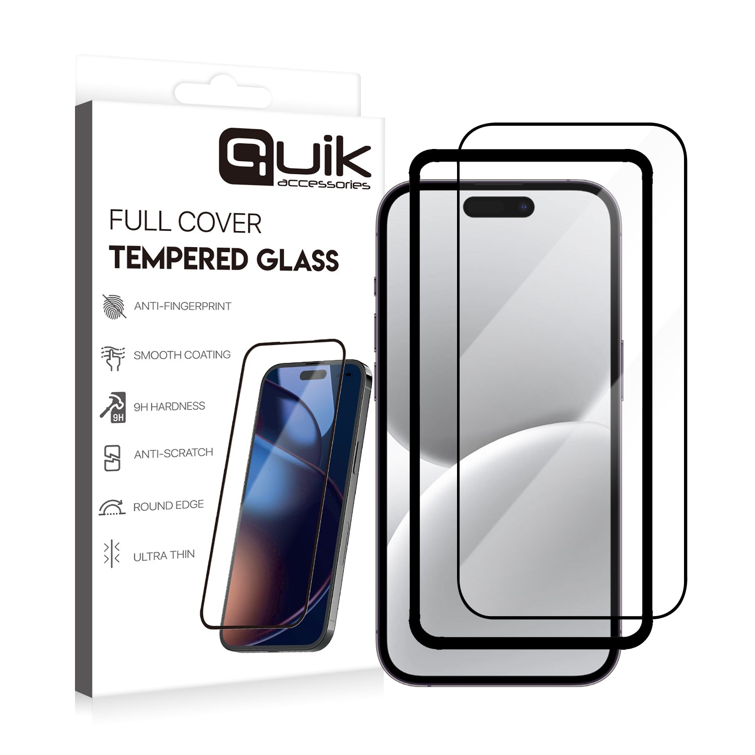 Quik Full Cover Tempered Glass – iPhone 16 (9H, Anti-Fingerprint)