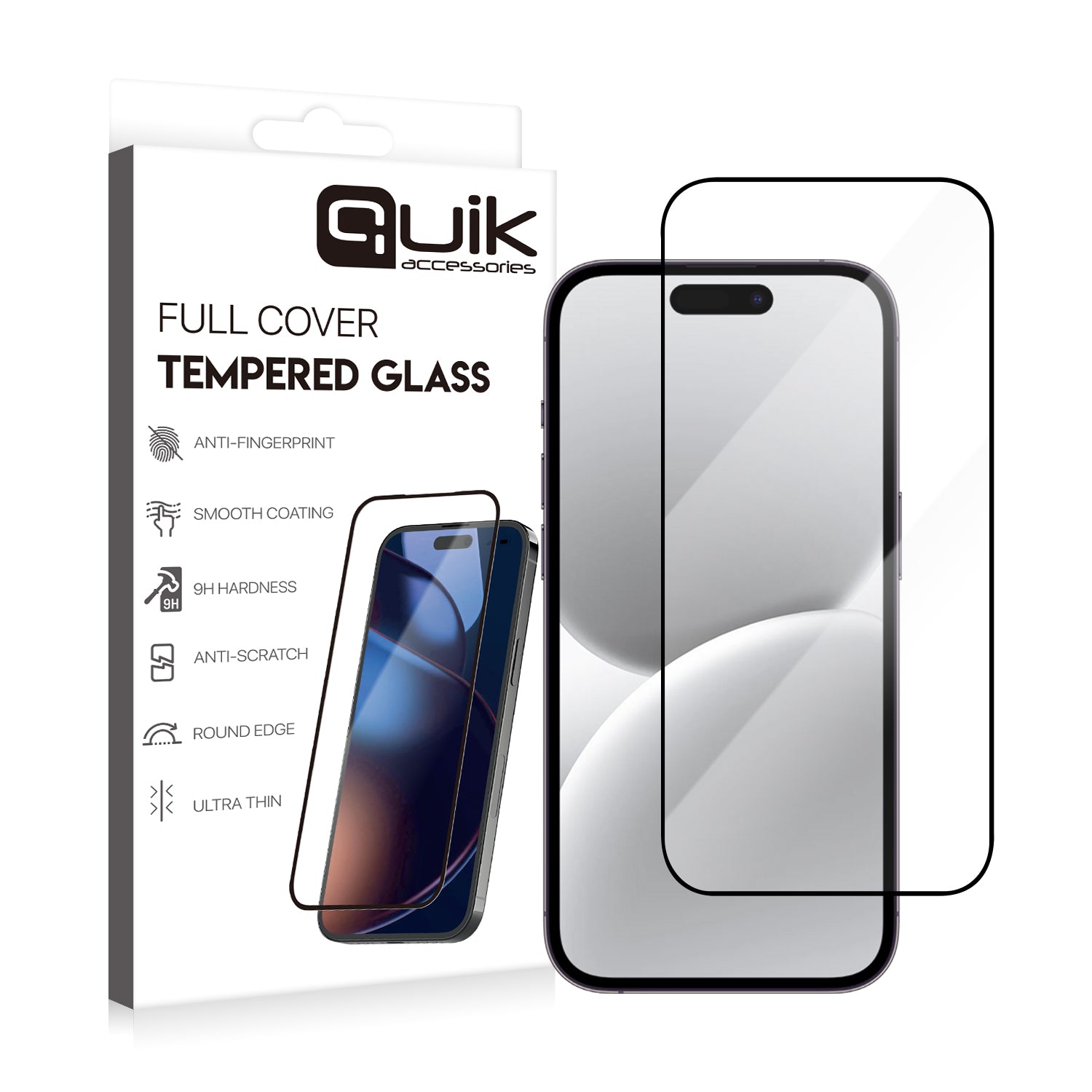 Quik Full Cover Tempered Glass – iPhone 16 (9H, Anti-Fingerprint)